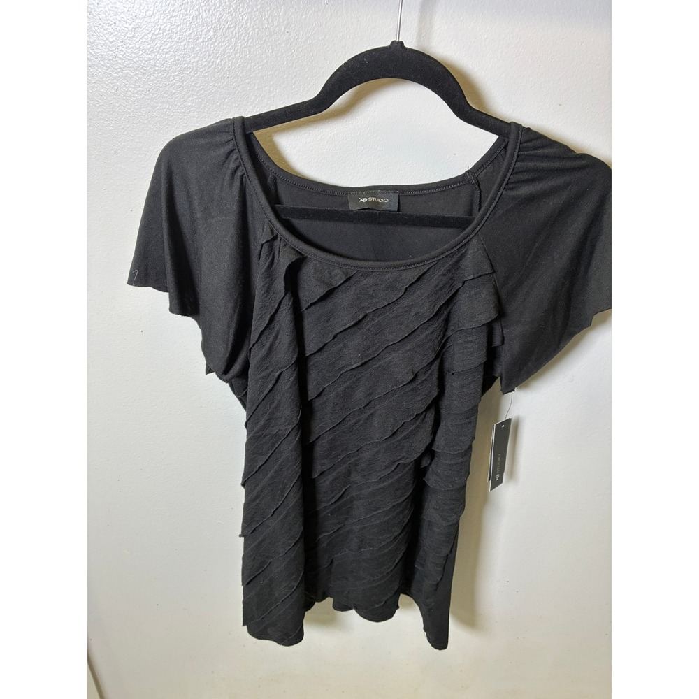 AB Studio Women XL Black Ruffle Front Short Sleeve Scoop Neck Blouse NWT